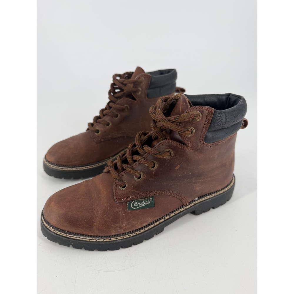 Candies Ankle Boots Womens 7.5 Brown Leather Lug Sole Vintage 90s Grunge Utility